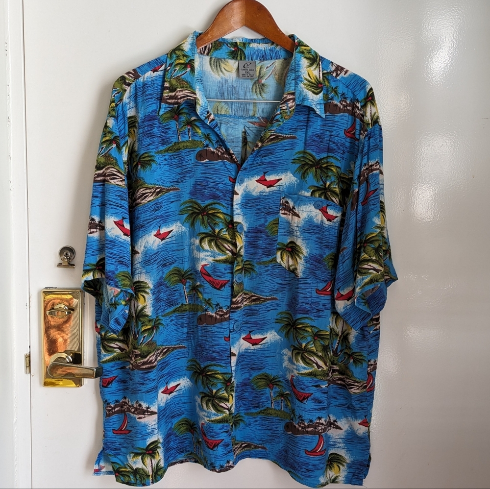 Claudio Nucci Hawaiian Button Down Tropical Palm Trees Shirt Blue Red XXL
